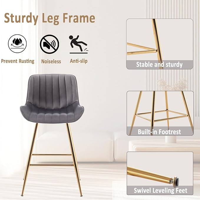 Sidanli Gold Bar Stools, 24” Velvet Barstools, Kitchen Chairs Set of 2 for Counter Height with Back and Footrest, Gray