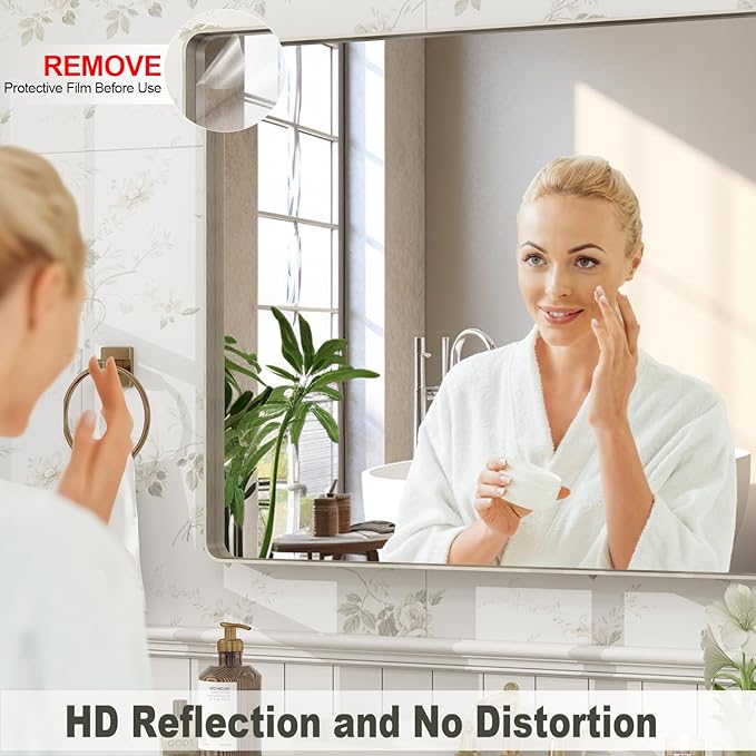 48x36 Inch Brushed Nickel Bathroom Mirror, Brushed Silver Metal Framed Wall Mirror, Rounded Corner Rectangle Modern Vanity Mirror, Tempered Glass, Anti-Rust, Shatterproof (Horizontal/Vertical)