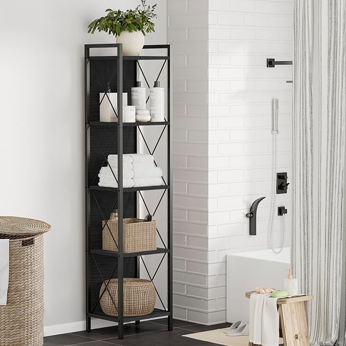 Homhedy 5 Tier Bookshelf Bookcase, Tall Narrow Bookshelf for Small Space, Metal Storage Shelves with Back Panel, for Home Office, Living Room, Kitchen, Bedroom, Industrial Style, Black