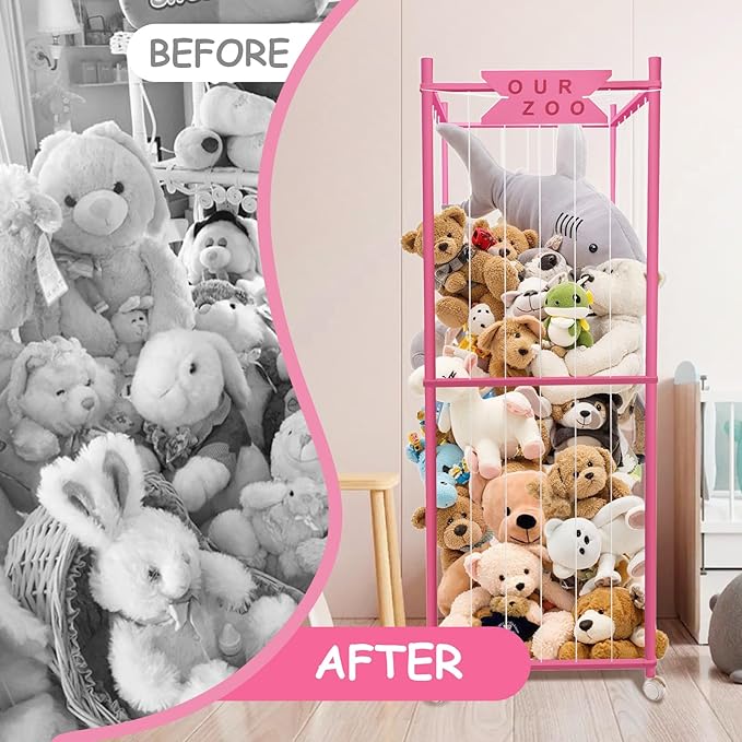 Stuffed Animal Storage Zoo with Wheels, Wooden Large Stuff Animals Plushies Holder Toy Organizer Kids Plush Storage Cage with Elastic Band and Net for Nursery Playroom Corner for Toddler (Hot Pink)