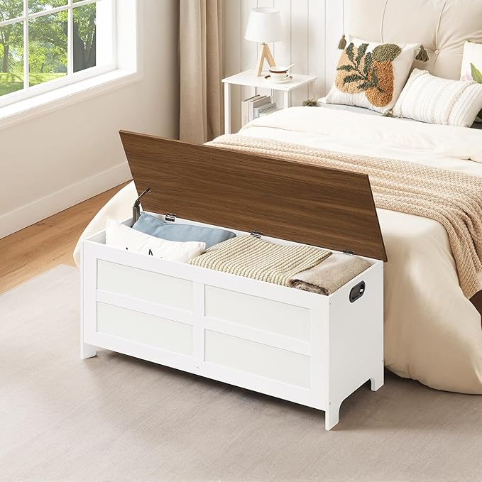 Storage Chest, 39.4” Large Toy Chest, Entryway Storage Trunk, Storage Bench with Safety Hinge, Entrance Bench for Living Room, Entrance, Bedroom, White+Walnut SCBZ48301