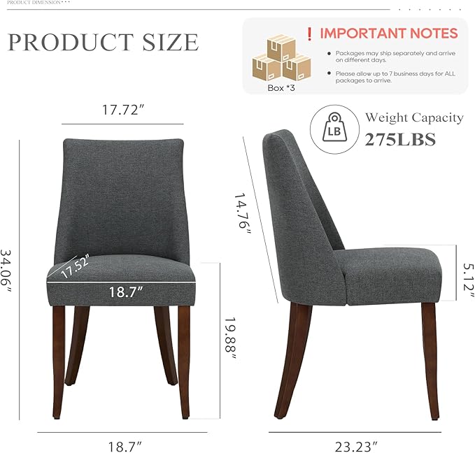 COLAMY Upholstered Dining Chairs Set of 6, Mid Century Modern Kitchen Chairs with Back, Farmhouse Fabric Side Dining Room Chairs with Wood Legs for Dining Room Restaurant, Dark Grey