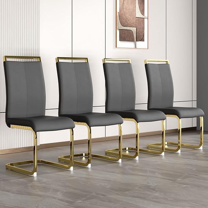 Modern Dining Chairs Set of 4,High Back Grey Kitchen Chairs,Faux Leather Side Chair with Gold Plated Metal Legs,Easy to Clean Upholstered Dining Chairs,Ideal for Living Room(Gold Leg)