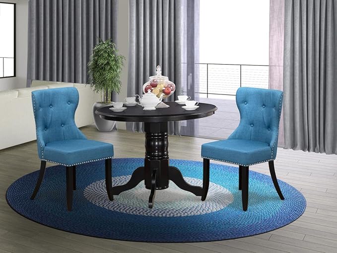 East West Furniture SHSI3-BLK-21 3 Piece Kitchen Table Set for Small Spaces Contains a Round Dining Table with Pedestal and 2 Blue Linen Fabric Parson Chairs, 42x42 Inch, Black