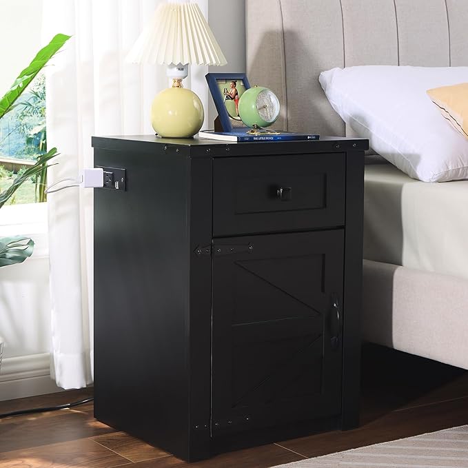 SOOWERY Nightstands Set of 2, Nightstand with Charging Station, Farmhouse End Table with Barn Door and Drawer, Rustic Wood Sofa Side Table for Bedroom, Living Room, Black
