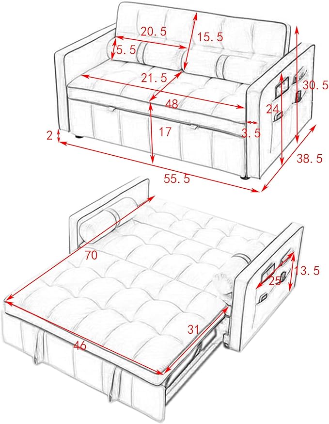 ERYE 3 in 1 Tufted Sleeper Sofa Bed with Cylindrical Pillows,Modern Convertible Loveseat Sofá W Pull Out Sleep Couch Bed and Side Pockets,Velvet Upholstered Love Seat Sofabed for Living Room
