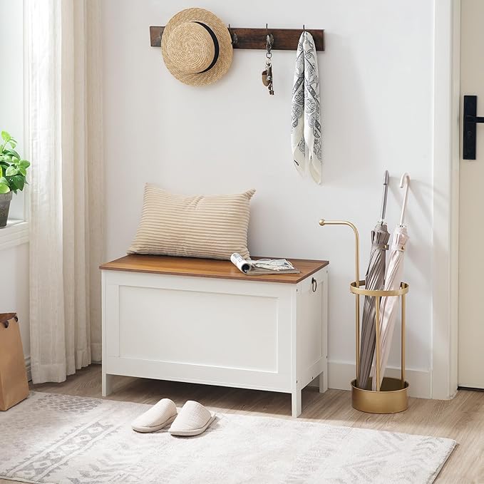 HOOBRO Toy Box, Retro Wooden Look Storage Chest with Safety Hinge, Entryway Storage Bench Supports 220 lb, 29.9 x 15.7 x 18.9 Inches Toy Chest Organizer, Easy Assembly (White and Walnut) WH75CW01G1