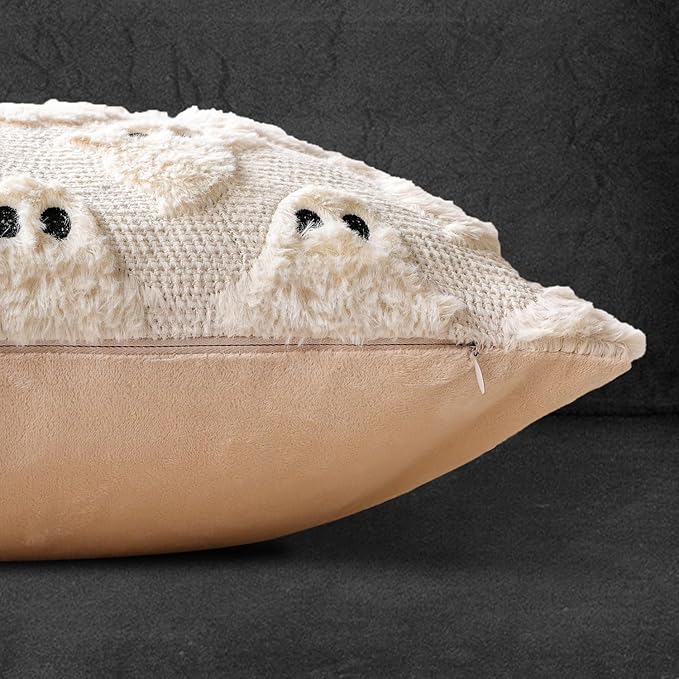 4TH Emotion Halloween Ghost Decorative Pillow Covers 18x18 Set of 2, Beige Soft Plush Faux Fur Farmhouse Throw Cushion Cases for Fall Autumn Holiday Home Decorations