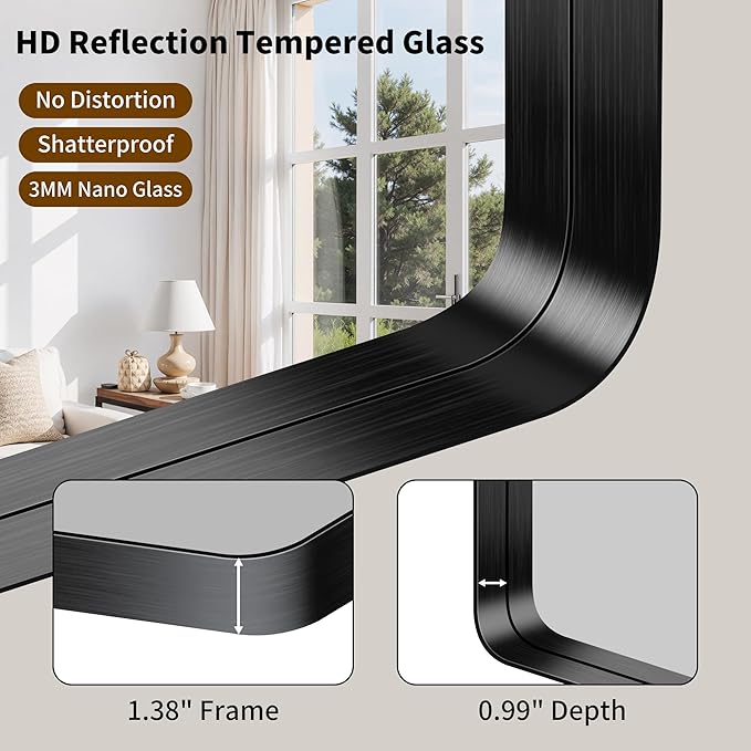 FORBATH 72x36 Inch Oversized Bathroom Mirror for Double Sinks, Brushed Black Deep Frame Full Length Wall Mirror with Rounded Corners, Anti-Rust Tempered Glass (Horizontal/Vertical)