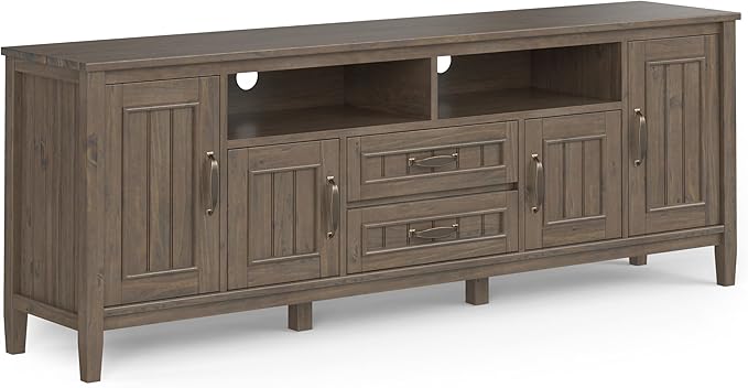 SIMPLIHOME Lev SOLID WOOD 72 Inch Wide Contemporary TV Media Stand in Smoky Brown for TVs up to 80 Inches, For the Living Room and Entertainment Center