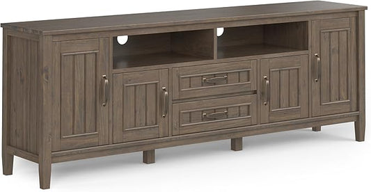 SIMPLIHOME Lev SOLID WOOD 72 Inch Wide Contemporary TV Media Stand in Smoky Brown for TVs up to 80 Inches, For the Living Room and Entertainment Center