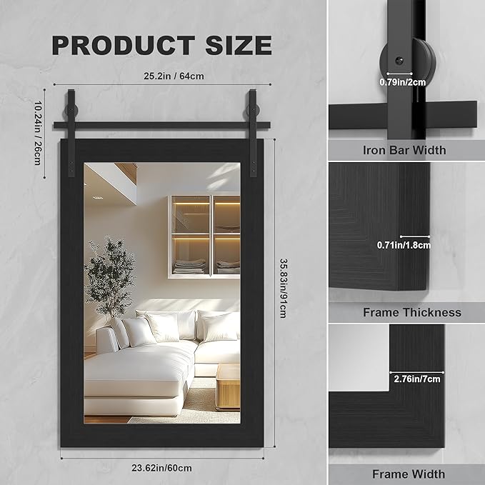 Hasipu Farmhouse Bathroom Mirror, 24"x36" Rustic Wood Framed Wall Mounted Mirror, Black Vintage Vanity Mirror Barn Door Style Decrative Mirrors
