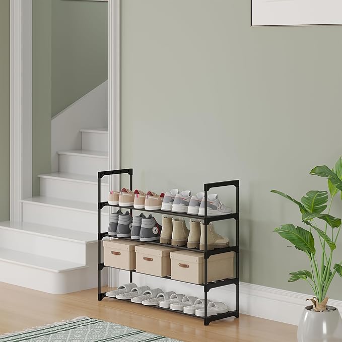 Calmootey 4-Tier Shoe Rack, Tall Large Capacity 20 Pairs Shoes Storage Organizer, Stackable Wide Shoe Shelf for Entryway, Hallway, Black