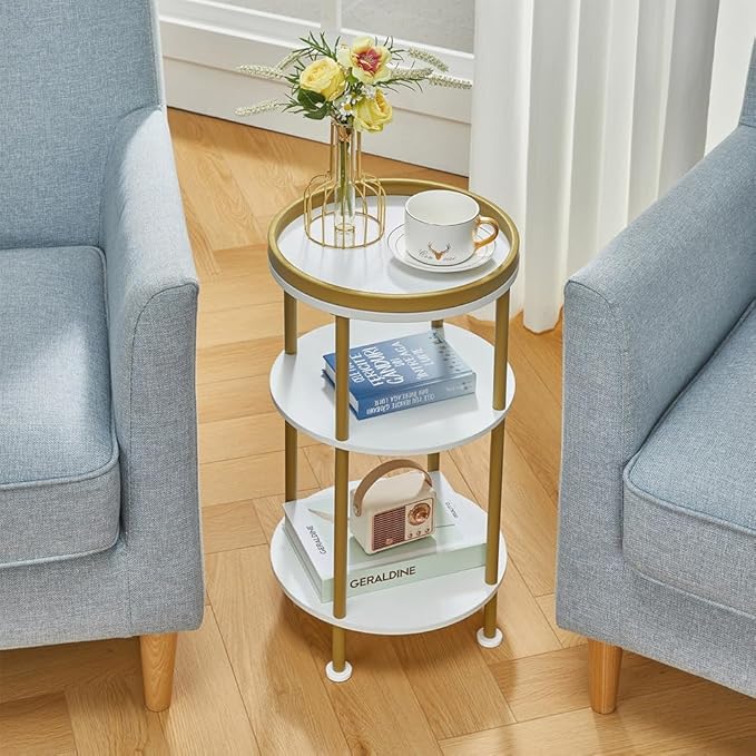 Small Round End Table with Charging Station, 3-Tier Accent Couch Beside Table with USB Ports & Power Outlets, Sofa Side Table for Living Room Small Nightstand Bedroom (Classic, White+Gold)