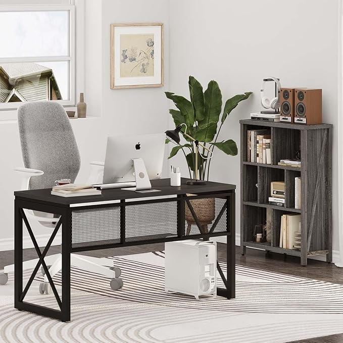 BON AUGURE Black Desk, Wood Computer Desk, Industrial Office Desks, Sturdy Writing Desks for Bedroom, Home Office, Living Room Study Workstation (Black, 54 Inch)