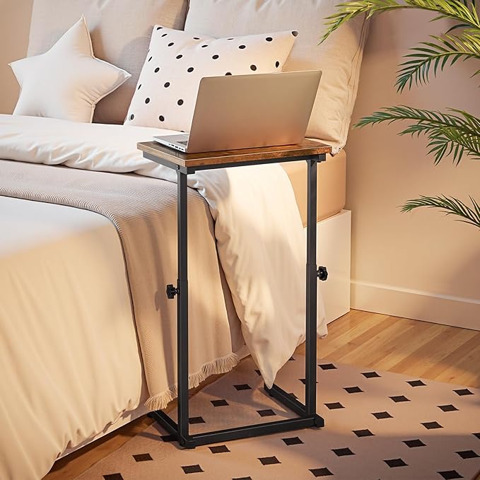 HOOBRO C Shaped End Table, Adjustable Height Side Table for Sofa, Couch Table for Small Space, Slide Under Small Tray Side Table for Living Room, Bedroom, Rustic Brown and Black BF71SF01