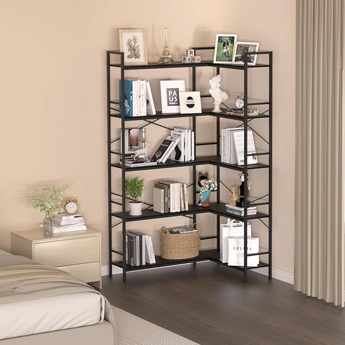 Black Corner Bookshelf,5 Tiers Corner Bookcase with Open Storage,L Shaped Shelves for Home Office,Living Room,Bedroom