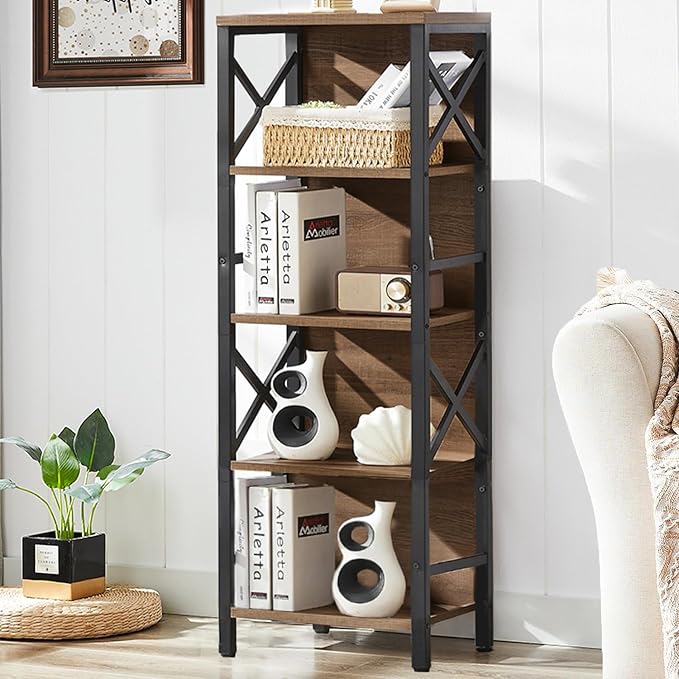 Small Bookshelf,5 Tier Industrial Bookshelf with Metal Frame and Backboard,Narrow Rustic Brown Book Shelf,Book case for Small Spaces,Living Room,Bedroom and Home Office