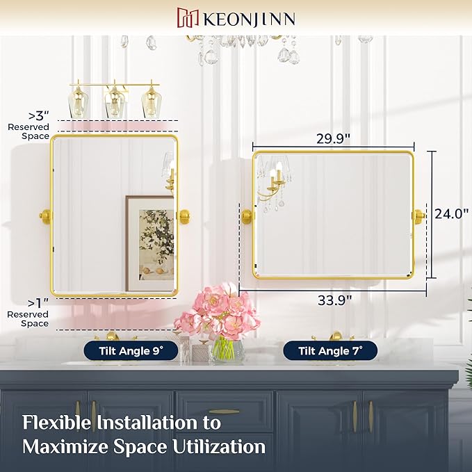 Keonjinn Pivot Mirror Bathroom, 24x30 Inch Gold Tilt Mirror Bathroom for Over Sink, Brushed Gold Framed Mirrors for Bathrooms, Adjustable Beveled Rounded Corner Tilt Wall Mirrors, Horizontal/Vertical