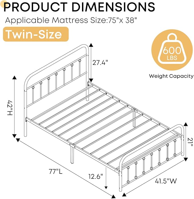 Twin Bed Frame-Classic Metal Platform Bed Frame Mattress Foundation with Victorian Style Iron-Art Headboard/Footboard/Storage Space/No Box Spring Needed/Black