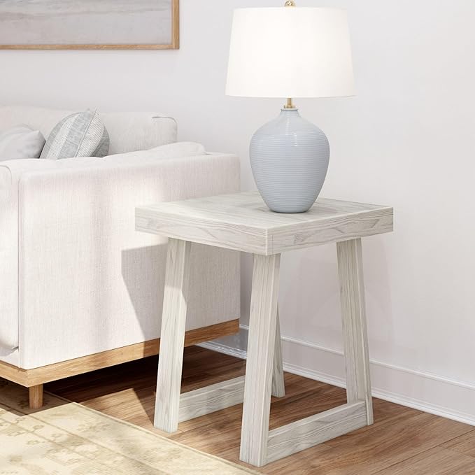 Plank+Beam Classic Square Side Table, Slim Side Table for Living Room, Narrow Nightstand for Small Spaces, Wood End Table for Bedroom, White Sand Wirebrush