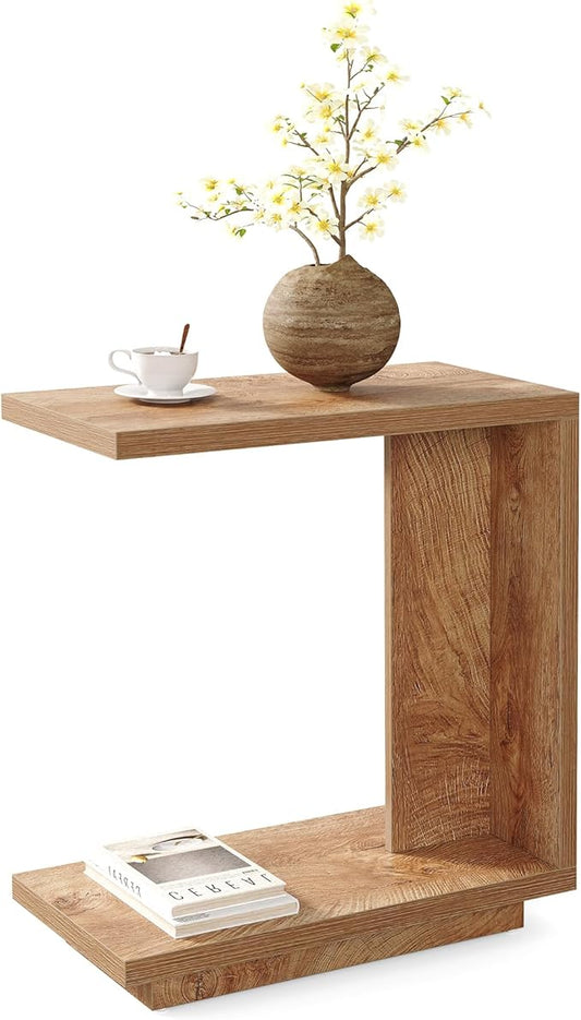 LITTLE TREE C-Shaped Side Table, Narrow 2-Tier End Table for Living Room, Couch, Bedroom, Bedside, Nightstand, Brown