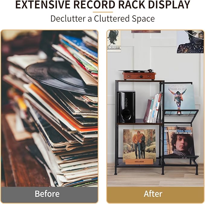 Record Player Stand with Vinyl Record Storage, Turntable Stand with 2-Tier Vinyl Display Shelf & Metal Frame, Record Holder for Living Room, Rustic Brown