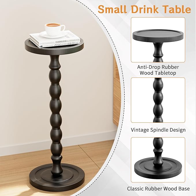 Rubber Wood‌ Small Side Table, Solid Wood‌ Round End Tables for Small Spaces, Martini Tables, Pedestal Drink Table for Living Room, Bedroom, Corners, and Office (Black, 9.4inch)