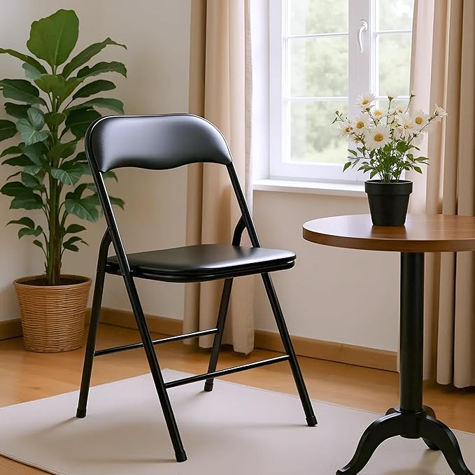 HealSmart 2 Pcs Folding Chairs with Leather Padded Cushion Seats, Back & Sturdy Metal Frame, Stackable, Portable, Commercial Event Seat, Indoor Outdoor for Parties, Home Event, Office, Black