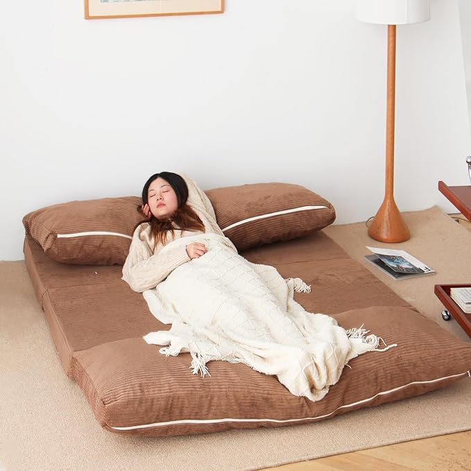 N&V Folding Matress Sofa Bean Bag Bed, Foam Filling Folding Matress Sofa, Includes Removable and Machine Washable Cover, Soft Premium Corduroy (Large, Brown Suagr)