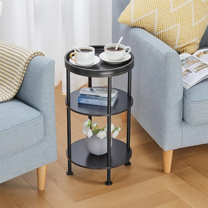 Small Round Side Table for Small Spaces, 3-Tier Round Accent Table Slim Side Table, Modern Sofa Corner Table for Living Room Nightstand Bedroom (Black)