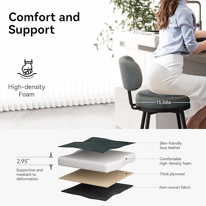 Counter Height Bar Stools, 26" H Swivel Barstools Set of 6, Faux Leather Kitchen Counter Stools with Back and Stylish Stitching, Metal Frame, Pub, Home Bar, Balck Green