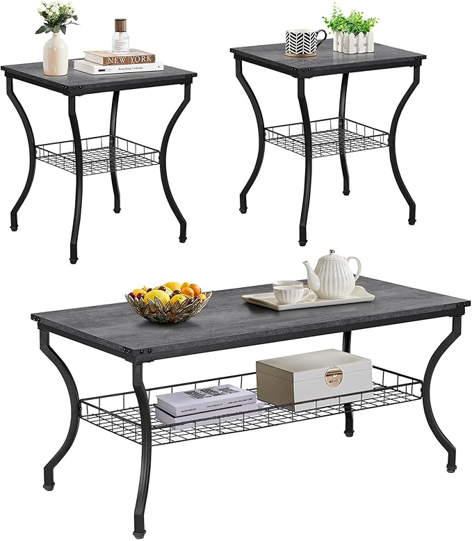 VECELO 3 Pieces Living Room Table Sets, Coffee and End Tables with Open Storage Shelves for Apartment, Home Office, Small Space, Easy Assembly, Dark Grey