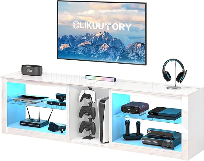 Clikuutory 63 inch High Gloss LED TV Stand for 50 55 60 65 70 75 inch TV, Gaming Entertainment Center for PS5, TV Cabinet with Glass Shelves for Living Room, Bedroom, Bright White