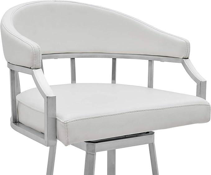 Armen Living Valerie Modern 26" Seat Height White Faux Leather and Brushed Stainless Steel Metal Swivel Bar Stool for Kitchen Island Counter