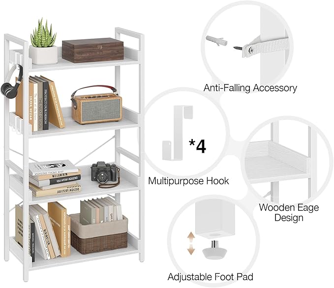 Rolanstar Bookshelf 4 Tier with 4 Hooks, Industrial Bookcase, Vintage Storage Rack with Open Shelves, Rustic Standing Bookshelves Metal Frame Display Rack for Living Room, Bedroom, White