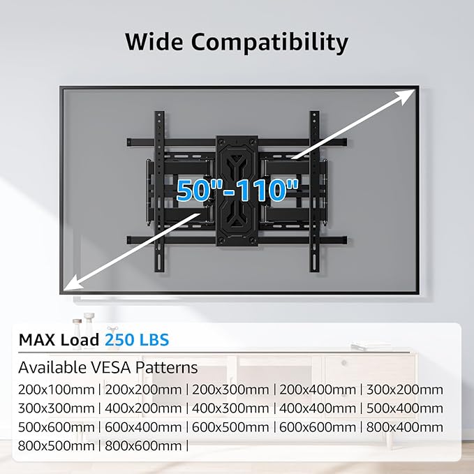 MOUNTUP Heavy Duty Full Motion TV Wall Mount for 50-110 inch Large TVs, Holds 250 lbs, 1.65" Slim TV Bracket with Extension, Swivel & Tilt, Preassembled, Max VESA 800x600mm, Fits 12-24" Studs, MU0096