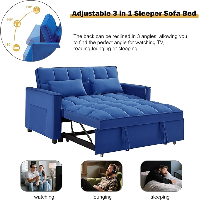 3 in1 Sofa Bed, Pull-Out Sleeper Sofa Bed with 3-Level Adjustable Backrest, Velvet Fabric Convertible Love Seat Sleepers Beds for Living Room & Bedroom & Apartment, Blue