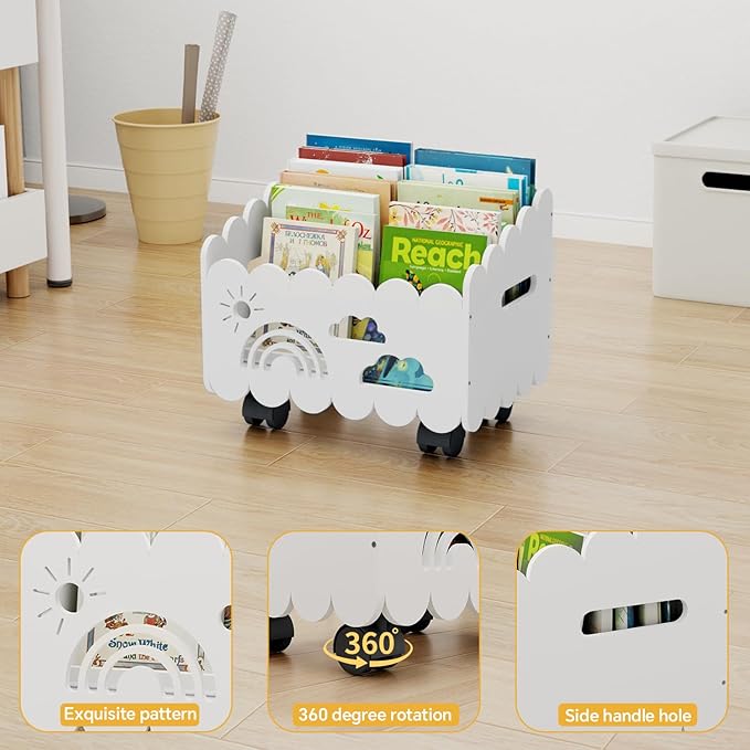 Wood Kids Bookshelf, Montessori Bookshelf, With 2 Adjustable Dividers, 4 Wheels Suitable Kids Rooms, Nursery & Classroom, Book Shelf For Kids Rooms, Toddler Book Rack, Nursery Book Shelves White