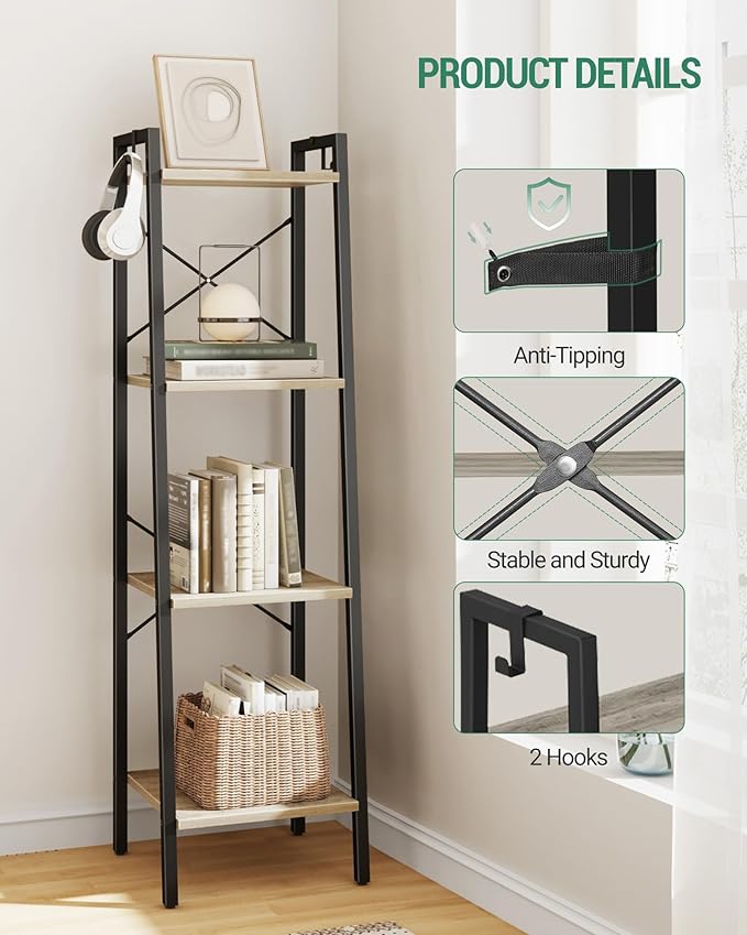 Ladder Shelf, Bookshelf Bookcase, Freestanding Corner Storage Shelve with 2 Hooks for Home Office, Living Room, Kitchen, Bedroom, Industrial, 4-Tier Greige BC13205B