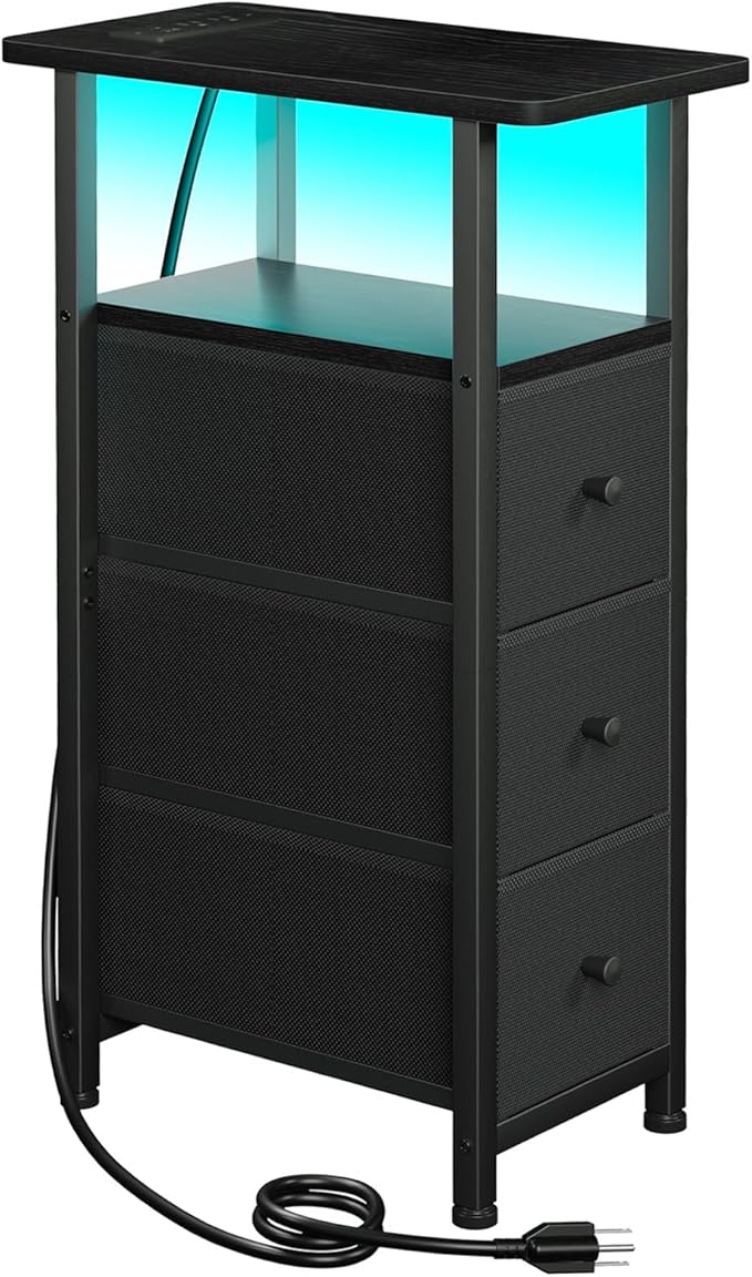 Narrow End Table Living Room with Charging Station, Skinny Side Table with Fabric Drawers, Slim LED Nightstand for Bedroom, Small Spaces, Couch, Black, HETNDP03LBK-1