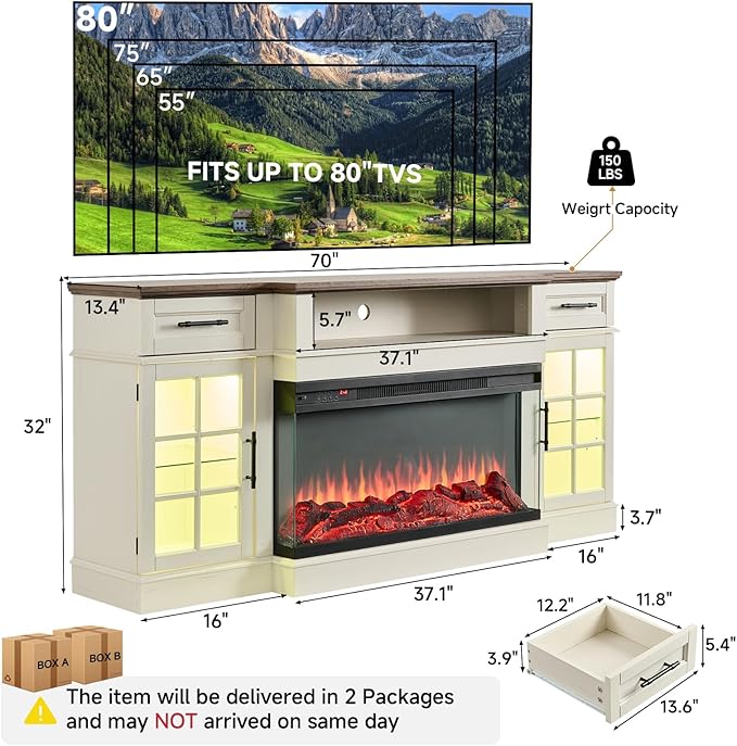 ROCKPOINT 3 Sided Glass 70" Fireplace TV Stand for TVs up to 80", Entertainment Center with Drawers and Glass Door Storage Cabinet for Living Room,36" Electric Fireplace & Adjustable LED Light,White