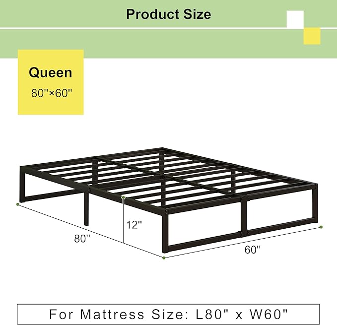 EMODA 12 Inch Queen Bed Frame No Box Spring Needed Heavy Duty Metal Platform BedFrame Queen Size with Steel Slats, Easy Assembly, Black