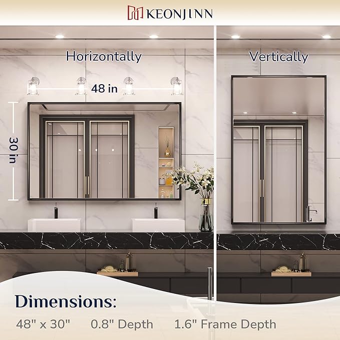 Keonjinn Black Framed Mirror for Bathroom 48 x 30 Inch Large Matte Black Bathroom Mirror Rectangle Wall Mirror Square Corner Metal Frame Farmhouse Bathroom Mirror for Over Sink(Horizontal/Vertical)