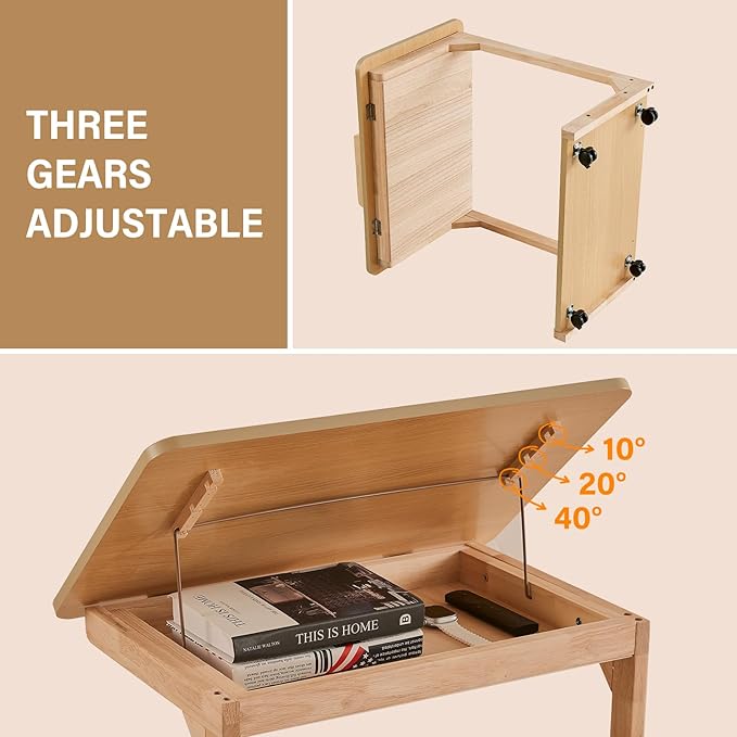 CozyDH Adjustable C Shaped End Table, Rolling Side Table Solid Wood TV Sofa Tray Table for Couch Arm Eating Multi-Purpose, Small Coffee Table with Wheels Living Room Bedroom, Natural