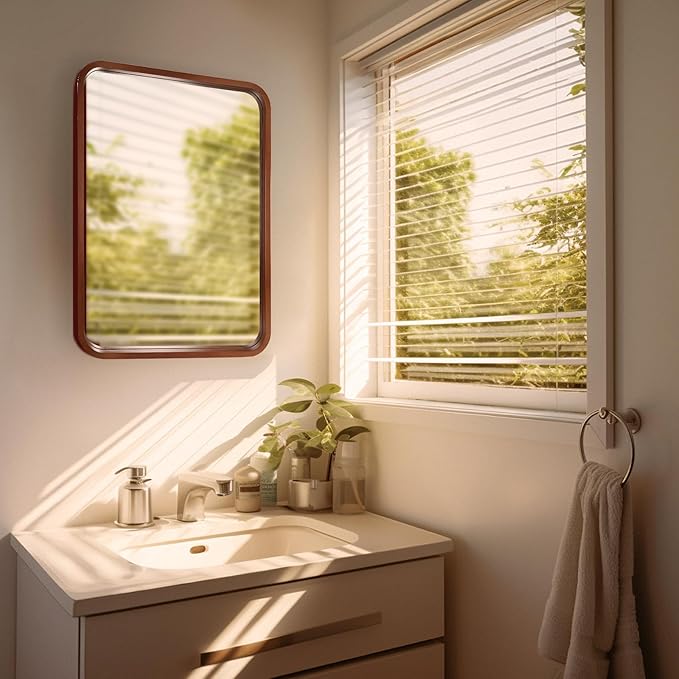 WallBeyond 18x24 Inch Wood Mirror for Bathroom, Wooden Frame Wall Mirror Farmhouse Wall Mounted Rectangle Mirror for Vanity (Horizontal/Vertical Walnut Color)