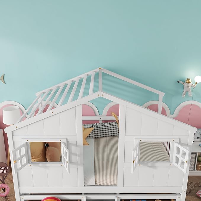 KEIKI Full Size Wooden House-Shaped Loft Bed with Roof, Windows, 4 Storage Drawers, Guardrail, Ladder, for Boys and Girls, Loft Bed with Slat, Easy Assembly, No Box Spring Required, for Bedroom, White
