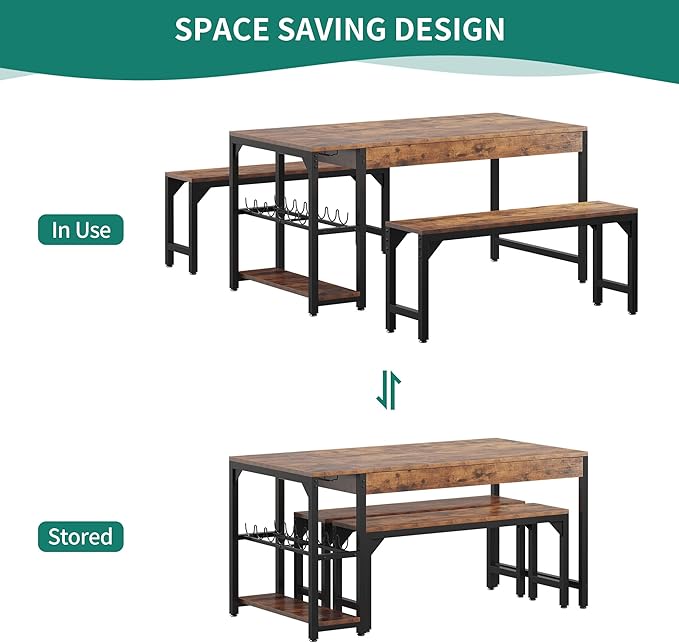 YITAHOME 63" 3 Piece Kitchen Dining Table Set for 4 with Bench & Storage, Farmhouse Rectangle Dining Room Dinner Table with Wine & Glass Holder for Space Saving Brown