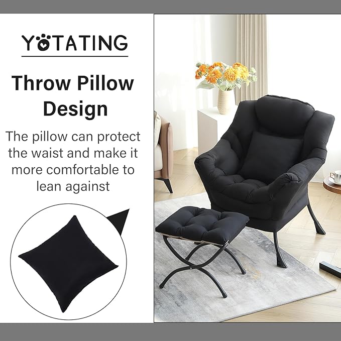 Lazy Chair with Ottoman, Comfy Reading Chair with Footstool & Pillow Modern Lounge Chair with Armrests & Side Pocket for Living Room, Bedroom, Dorm Room，Black