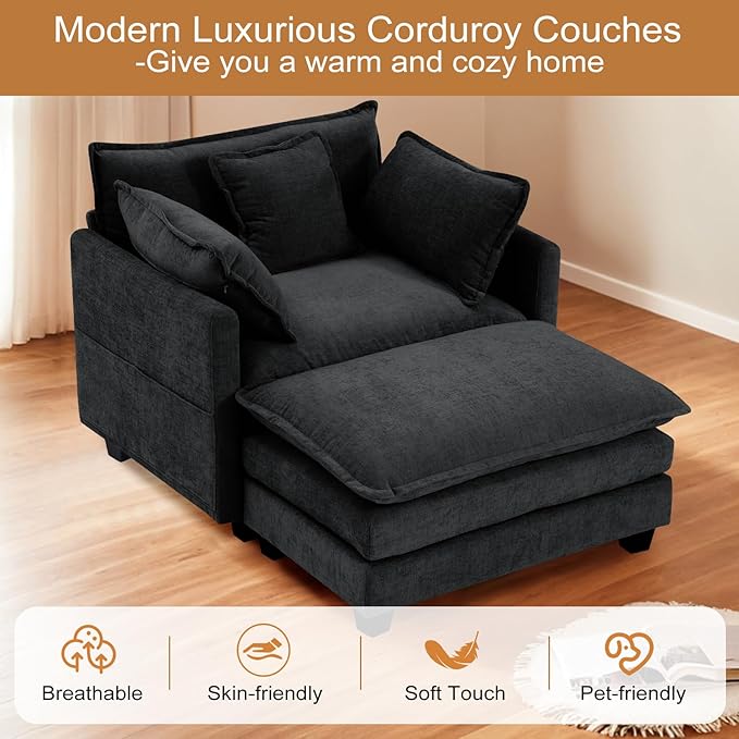 Furniliving Oversized Accent Chairs with Ottoman, Luxury Chenille Single Sofa Couch, Upholstered Deep Seat Chaise Lounge with Pillows for Living Room, Bedroom, Apartment, Black